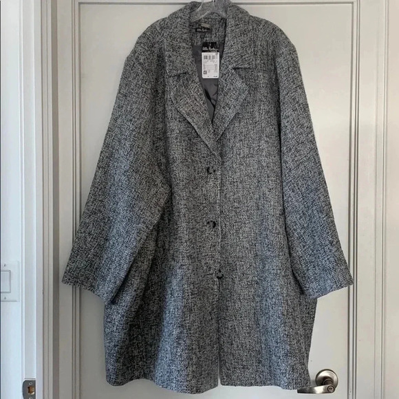 Ulla Popken | Plus  Size Tweed Button Front Pocket 3/4 Coat - Picture 2 of 10